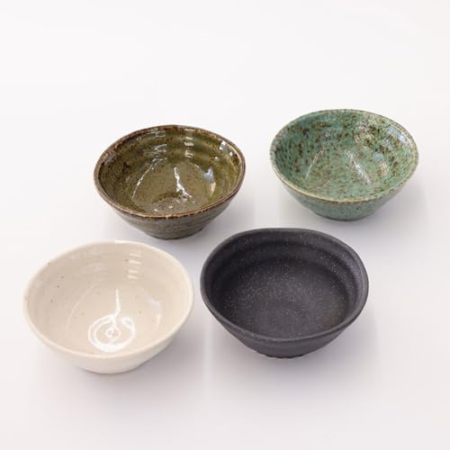 Sake Cups Set of 4 Japanese Ceramic Saki Cup Set 1.7oz | Mino Ware Jomon Choko, Green, Karatsu, Shino, Kuro Glass Ochoko 3.5”