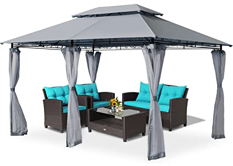 GYMAX Tonnelle de Jardin avec Double Toit, Moustiquaires Amovibles, Tente de Réception Imperméable avec Cadre Robuste, Pavillon de Jardin pour Mariages, Pique-niques, Fêtes (Gris)