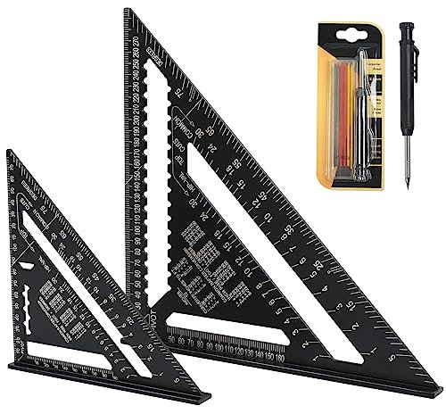 MaxEarn 2 Stück Metrisches Dreieckslineal 18cm und 30cm mit Zimmermannsbleistift und 6 Bleistiftminen, Aluminiumlegierung Multifunktional Zimmermannswinkel, Layout Messwerkzeug für Holzarbeiten