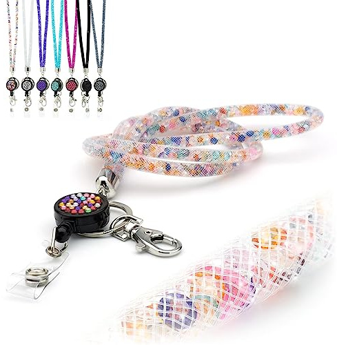 CKB LTD Cordón Llaves Cuello, multicolor brillante con diamantes de imitación con gemas de cristal con clip de metal y clip retráctil para tarjetas de identificación Cordones de Insignia, 1 unidad