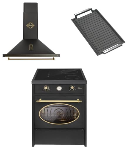 GURARI Induktions-Standherd GCH E 612 BL r+GCH 975 Bl 6 +Grillplatte, Retro Induktions Standherd 60 cm/ 60 L+Dunstabzugshaube 60cm