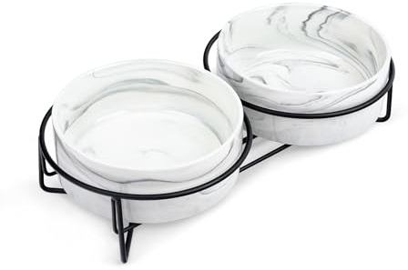 fanquare 2er Hundenapf Keramik Doppel Futternapf Keramik, Graue Marmorierung Hunde Futternapf Katzen Futternapf mit Schwarzem Metallrahmen, 400ML