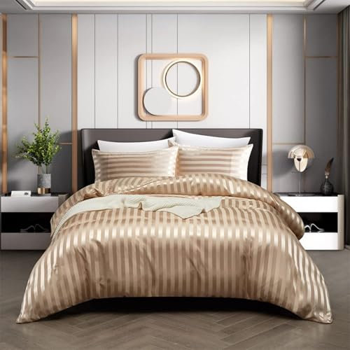 Tospass Housse de Couette Satin 200x200 Kaki Rayures Soyeux Linge de Lit Satin de Soie Brillante Parure de Lit Adulte 2 Personnes avec Fermeture éclair et 2x65x65cm Taies d'oreiller