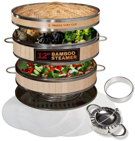 Bamboo Dumpling Steamer Basket 12 Inch & Accessories Set, 2 Tier Bamboo Steamers for Cooking, Steam Basket Dumplings, Bun, Dim Sum, Vegetables, Seafood, Rice Natural Asian Kitchen Steamer Cookware Kit