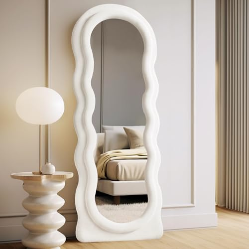 LunaMirror Ganzkörperspiegel 160 x 60 cm Unregelmäßig Gewellt Ganzkörperspiegel Wandmontage Bodenspiegel mit Ständer Weiß Flanellrahmen Anlehnender Wandspiegel für Schlafzimmer Eingang