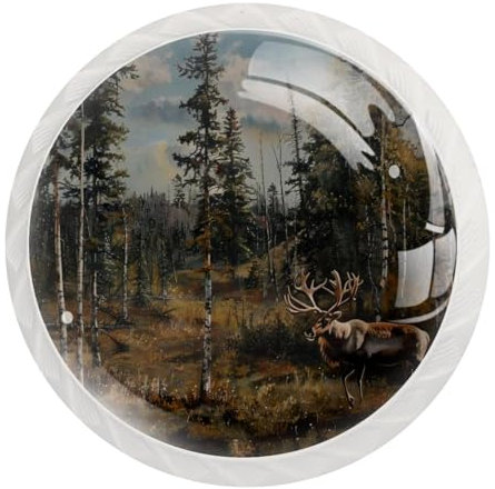 JAVENPROEQT Caribou - Set di 12 pomelli rotondi in cristallo con albero della foresta per cassettiera, porte, armadi, armadi, con viti, decorazione per casa, ufficio, cameretta dei bambini