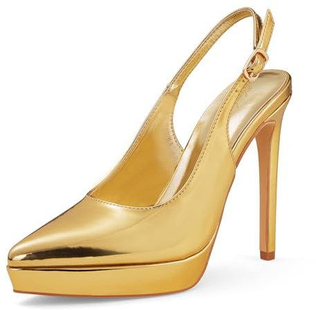 Zhabtuc Plattformspumpar 12 cm spetsig stängd tå stilett slingback hög klack för kvinnor kväll bal fest bröllop hemkomstklänning skor, Guld, 41.5 EU