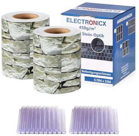 Electronicx Bandes brise-vue en PVC gris aspect pierre - Film de clôture à double fil - 70 m (2 x 35 m) x 19 cm - 450 g/m² - Résistant aux UV - Opaque - Avec 40 clips de fixation