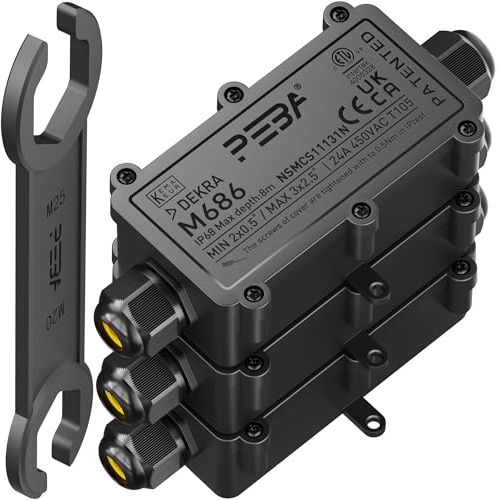 PEBA IP68 Waterproof Junction Box, 2-Way Outdoor Cable Connector, Wire Connectors, Extension Electrical Cable Protector for Cable Diameter 4mm-11mm Black (3 Pack)