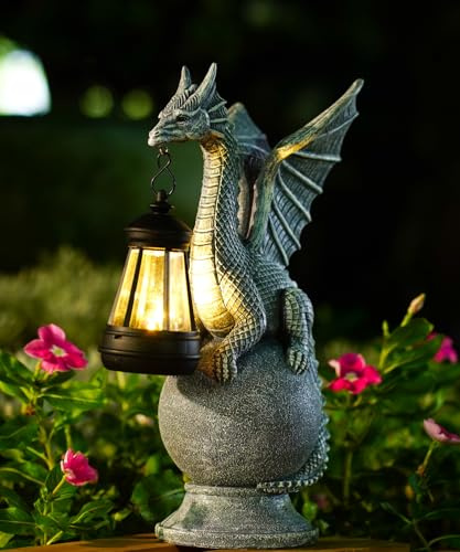 Goodeco Drachenstatue mit Solarlicht, Figur stehend auf Kugel, Rasendekoration, Outdoor-Statue für Terrasse, Balkon, Hof, einzigartiges Geschenk