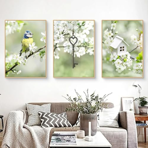 3 Stück Poster Set, Modern Grün Landschaft Bilder Poster & Kunstdrucke, Frühling Sonnenblume Windmühle Bauernhaus Kirche Leinwand Wandbilder für Wohnzimmer Schlafzimmer, Ohne Rahmen (40x50cm,DEF)