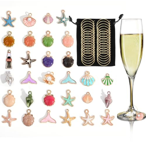 30 Pezzi Segnabicchieri Marcatori di Ciondoli per Bicchieri di Vino, Colorato Decorare Segna Bicchieri Calici Charms Per Bicchieri di Vino,Spiaggia a Tema Identificazione dei Tag Segna Bicchieri