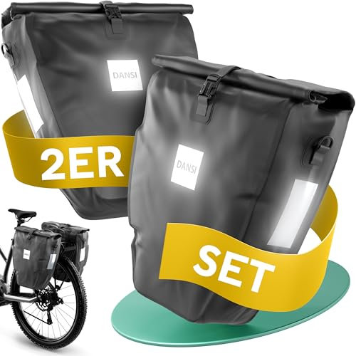 DANSI 20L Fahrradtaschen für Gepäckträger inkl. Schultergurt & Tragegriff, 100% Wasserfeste Fahrradtasche mit Reflektoren & Klicksystem, Gepäckträgertasche für Alltag & Freizeit in Schwarz (2er Set)