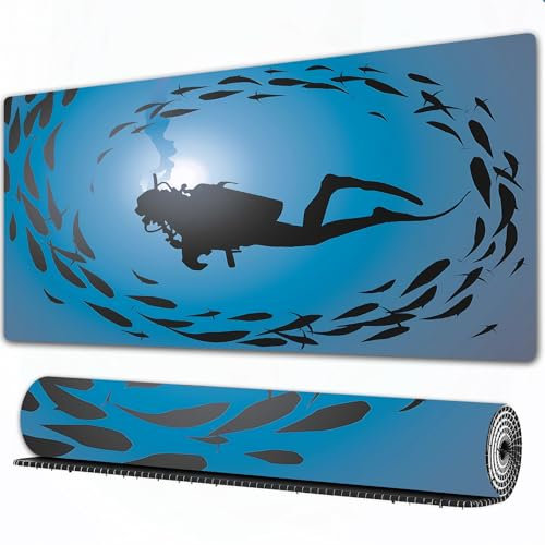FEHWI 90×40 cm Verlängertes großes Mauspad Schreibtischauflage,Unter dem Meer, Taucher umgeben von Scharen von Schnorchelfischen (1) (1),genähte Kanten Gaming mauspads,rutschfeste Gummibasis