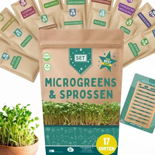 ARPON Sprossensamen im 17er Set – Bio Microgreens, ca.62 000 sprossen samen – Keimsprossensamen für die einfache Zucht – Premium Keimsamen,Inh:Brokkolisprossen, Kressesamen, Rucola – Keimsprossen Mix