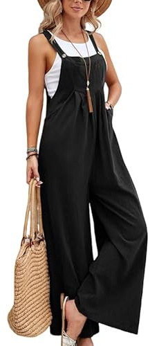 Salopette da donna – Oversize Baggy Jumpsuit, Comodi Salopette Loose Fit Tuta Casual Estivi con Spalline, Nero , S