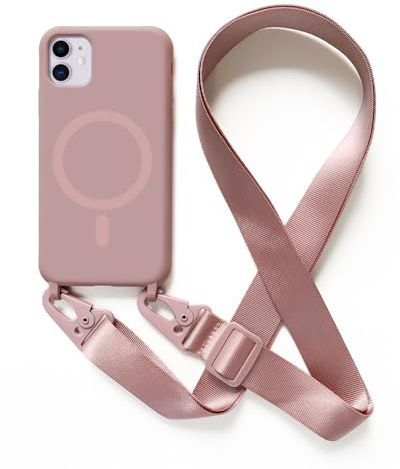Leather Armor Handykette Hülle für iPhone 11(6.1) mit Band Halsband Lanyard (abnehmbar) Handyhülle, Verstellbarer Lanyard.Magnetisch Stoßfest Silikonhülle Wireless Charging kompatibel .-Rosa