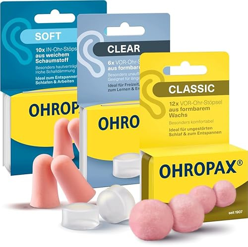 OHROPAX Ohrstöpsel Set unauffällig und vielseitig - Bestehend aus jeweils eine Packung: Clear Silikon 6 Stück - Soft 10 Stück - Classic Wachs 12 Stück