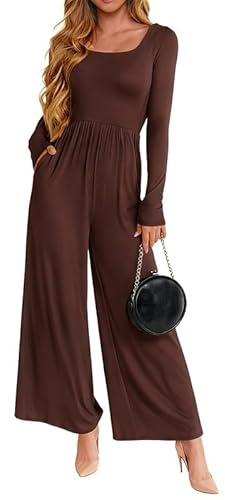 Sukiglam Tuta Intera Donna Manica Lunga Scollo Quadrato Jumpsuit Casual Monopezzi e Tutine Vita Alta Aderente Gamba Larga con Tasche One Piece Rompers Lungo Elegante Overall Primavera Autunnali