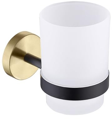 UAOGPLK Portacepillos De Dientes para Baño, Portavasos De Pared, Acero Inoxidable 304 + Vaso De Vidrio Esmerilado, Color Negro Y Dorado