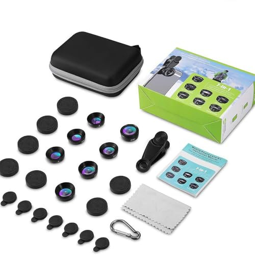 7 in 1 Handy Kamera objektiv, Handy objektiv, Fischaugenobjektiv 210° Weitwinkel 120° Makroobjektiv (25x) Sternfilter Telephoto, Kaleidoscope, CPL/Star Filter für iPhone und die meisten Smartphones