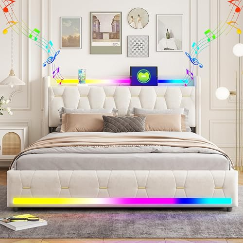XMETPR 5-i-1 säng med stoppat huvudände 140x200 cm med inbyggd LED-belysning, Bluetooth-högtalare, USB/Type-C-laddningsstation, 4 förvaringslådor & träribbor, sammetsbeklädd säng, Beige