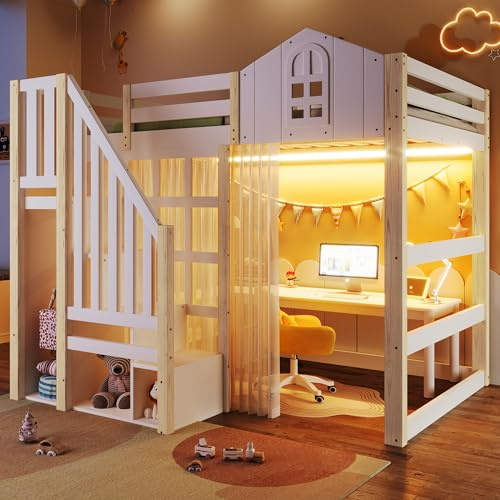 TOBIDOEN Hochbett 140x200 cm, Kinderbett Hausbett mit LE/D Modus, Stauraumtreppe + Offene Staufächer, Freiraum unten mit Gaze, Ohne Matratze, Kiefernholz + MDF, Weiß + Natur (140x200)