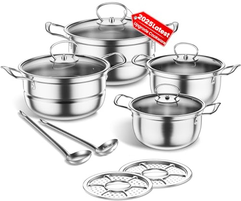 Stainless Steel Cookware Set, 12 Piece Pots Set with Steamer and Spoon, Kitchen Induction Cookware Set, Works with Induction, Kitchen Cooking Set with Glass,uncoated (Silver Gray)