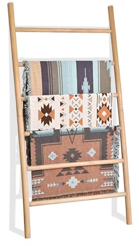 FUIN 6.4ft Extra Wide Wood Blanket Ladder Living Room Decorative Wall Leaning Farmhouse Quilt Display Holder Rustic Wooden Towel Rack for Bathroom, Brown, 38 inch Wide