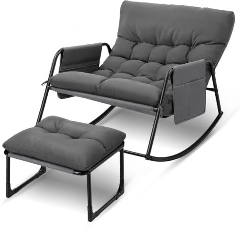 Bonnlo Schaukelstuhl mit Hocker/Balkonmöbel Set 2 teilig mit Aufbewahrungstasche, für Veranda, Garten, Poolbereich, Balkon oder Hinterhof, Grau/Weiß/Dunkelgrün (1 Schaukelstuhl mit 1 Hocker, Grau)