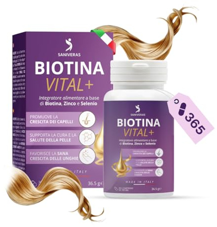 SANIVERAS Biotina INTEGRATORE PER CAPELLI, UNGHIA, PELLE - Vitamine Anticaduta e Crescita per Capelli Donna Uomo con Zinco Selenio 365 COMPRESSE Made in Italy