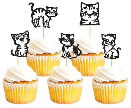 20Pcs Cat Cupcake Toppers Cute Pet Cats Animal Glitter Black Cake Toppers Decorations for Animal Theme Party Birthday Party Baby Shower Supplies