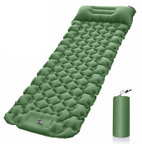 rongzhouyu Isomatte Camping Schlafmatte, Aufblasbare Isomatte Ultraleicht, Sleeping Isomatte mit Kissen & Fußpumpe, Kompakte Leichte Schlafmatte für Rucksackreisen, Wandern, Reisen, Zelt (Green)