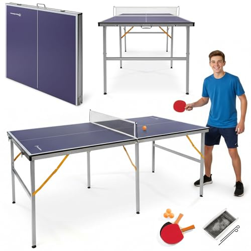 HyperMotion 180 cm fällbart bordtennisbord för barn och vuxna, kompakt husmodell med nät, racketar och bollar