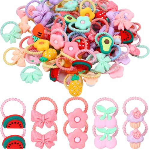 Amabro 100 stycken färgglada hårsnoddar elastiskt hårband för fint hår karikatyr hårband med rosetter, blommor fruktmönster söta flätgummi barn små hårband sömlösa för tillbehör