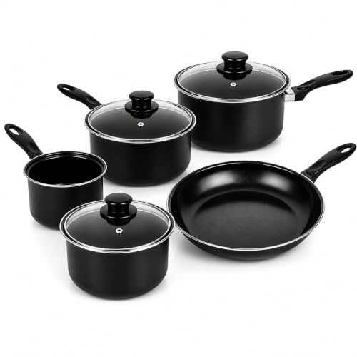 8 Piece Non-Stick Pots & Pan Set, Carbon Steel, Cookware Utensils Set, All Hobs Compatible Saucepans with Glass lids, Frying Pan, Milk Pan