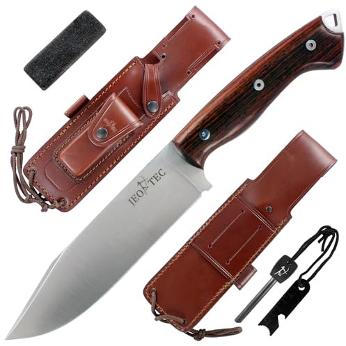 JEO-TEC Nº37 Couteau de Survie à lame fixe pour le Camping Bushcraft Randonnée Chasse Plein Air, lame Fixe en acier inoxydable, étui en cuir, Fabriqué en Espagne