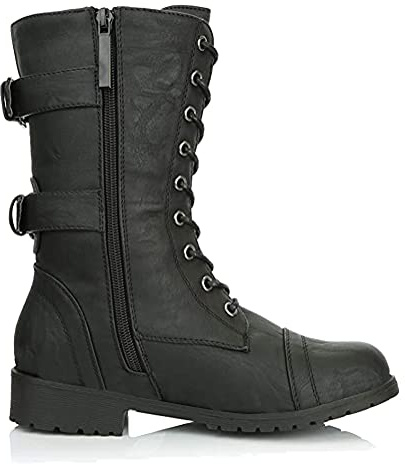 Botines Mujer Militares Planos Botas de Combate Botita Botines Acolchado Tarjeta de Crédito Bolsillo Boots Zapatos para Otoño Invierno Negro 42 EU