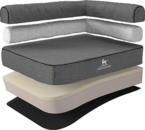 Knuffelwuff Orthopädisches Eck Hundebett Marlie Hundesofa aus Velours mit Handwebcharakter XL 100 x 70cm Lehne Rechts Grau - abnehmbarer Bezug - waschbar - für große, mittelgroße und kleine Hunde