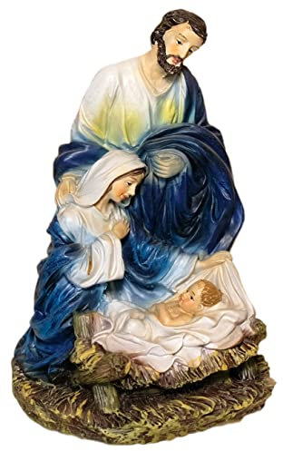 Kaltner Präsente Geschenkidee - 15 cm Heilige Familie Maria Josef mit Jesus Kind Krippe Krippenblock - Handgemalte Figuren auf Sockel - Hochwertiger Kunstguss aus Resin – Dekoration für Weihnachten