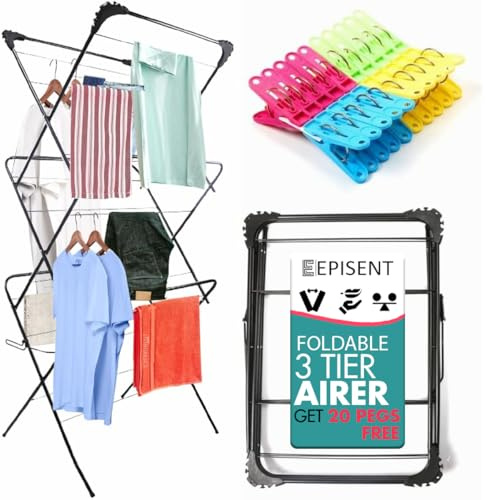 EPISENT 3 Tier Foldable Clothes Airer & Drying Rack – Large Laundry Dryer Stand for Indoor & Outdoor Use, Space-Saving Design with Non-Slip Feet & Hanger Hooks – Includes 20 FREE Pegs (BLACK)