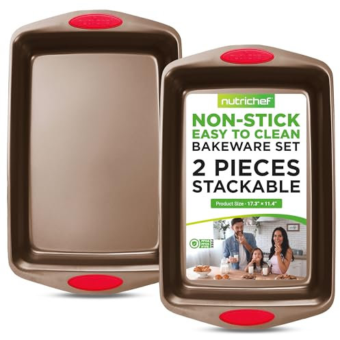 NutriChef 2-Piece Baking Pan Set - PFOA, PFOS, PTFE Free Flexible Nonstick Golden Coating Carbon Steel Bakeware - Professional Home Kitchen Bake Cookie Sheet Stackable Tray w/Red Silicone Handles