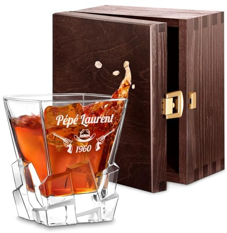 Maverton Vaso de Whisky Personalizado 250ml - Vaso De Cristal Regalos Originales Para Hombre - Nombre Grabado Día del Padre Cumpleaños Regalos - Diseño de Cubo de Hielo - Brazos