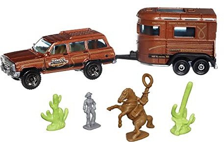 Matchbox Hitch & Haul Die-cast Vehicle Playset - Cowboy Rodeo Round-Up ~ 6 Piece Set ~ SUV Inspired by 1988 Wagoneer ~ Includes Horse Trailer, Cowboy on Horse, Cowboy Standing and Two Cacti