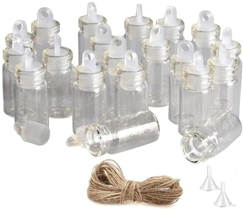 Minsily 100 Stück 1 ml kleine Mini-Glasflaschen mit Kunststoffverschluss, 20 m Schnur, transparent, kleines Glas, Mini-Fläschchen, Dekoration, Wunschflasche, kleine Charm-Fläschchen, Party, Geschenk