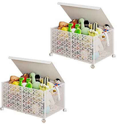 BestAlice 2 Stück Spielzeug-Organizer und Aufbewahrung, Spielzeug-Box-Aufbewahrung, extra große Spielzeugtruhe für Jungen, faltbare Metall-Spielzeug-Organizer und Aufbewahrungskörbe mit Rädern, weiß