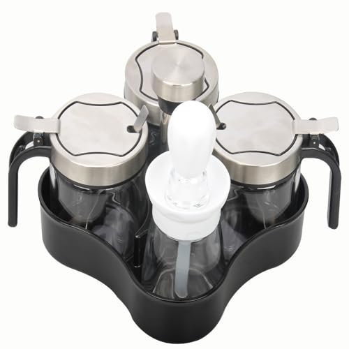 TINMIX Revolving Condiment Pots Sugar Bowl Salt & Pepper Cellar with Lid and Spoon, Set of 4 Seasoning Box Spice Jar with 360 Rotating Tray for Kitchen, 3 Pots+1 Oil Dispenser