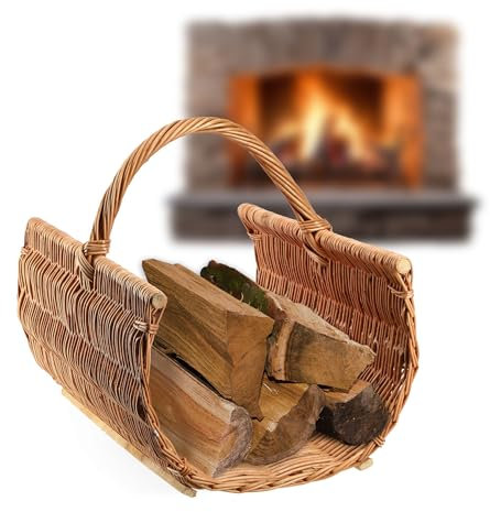 KADAX Panier de transport en bois, panier à bûches de cheminée, en osier, décoratif, avec poignée de transport, couleur naturelle pour bois, 46 x 60 x 40 cm