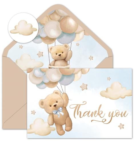 Whaline 24Pcs Bear Thank You Cards Watercolor Bear Balloon Greeting Cards with Envelope Stickers Cartoon Blank Note Cards for Birthday Wedding Baby Shower Party Supplies, 4 x 6 Inch