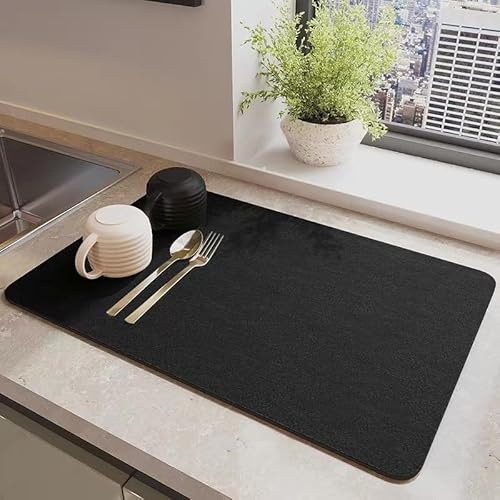 YQBFTC Abtropfmatte Geschirr,50x40cm Kaffeemaschine Matte Unterlage,Saugfähige Abtropfmatte Spüle mit PU Leder,Abtropfmatte Kaffeemaschine für Küche,Bad,Theke,rutschfest&Schnelltrocknend (Schwarz)